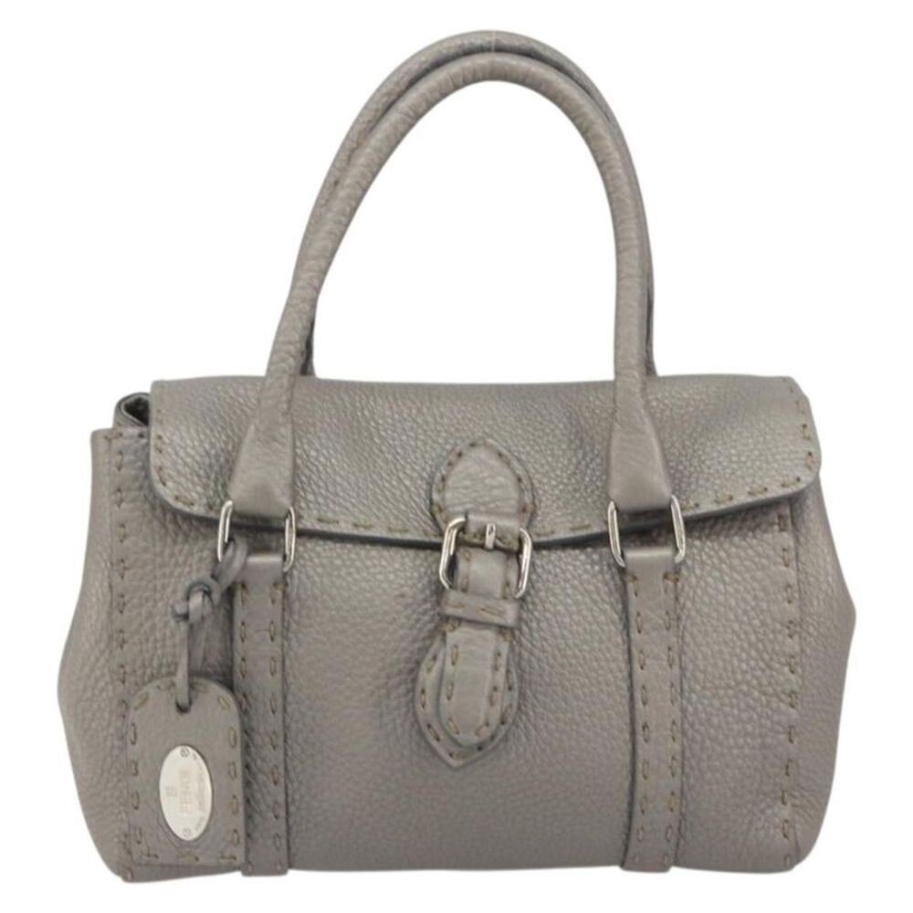 Fendi Selleria Linda Satchel Pebbled Leather Gray Leather Handbag